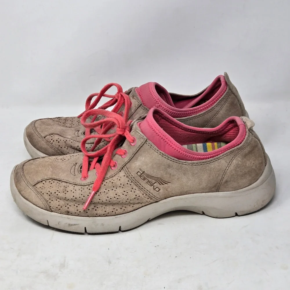 Dansko Womens Taupe Suede Pink Lace Up Comfort Walking Shoes Size 38 Slip Resist